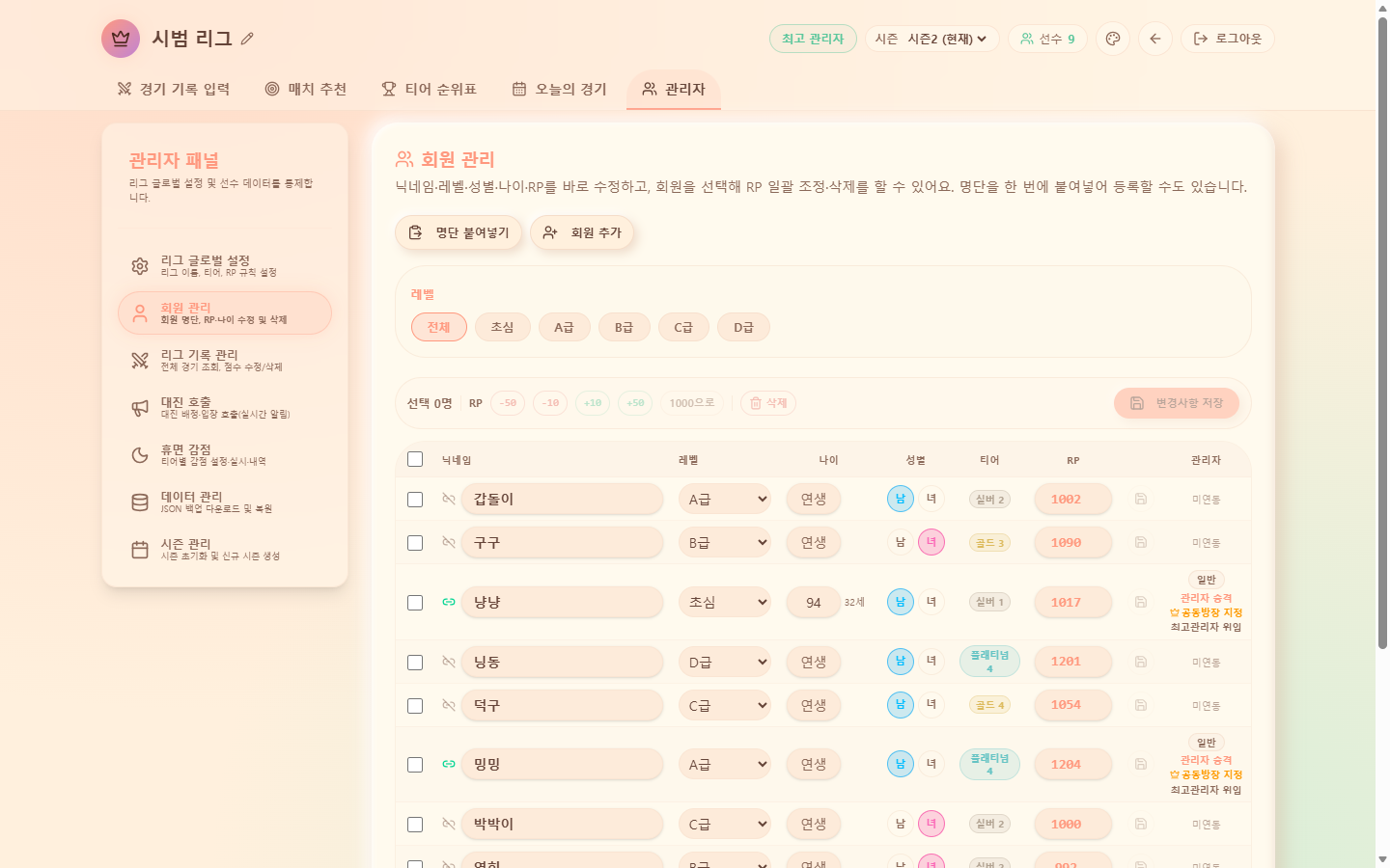 회원 관리 — 닉네임·레벨·나이·성별·티어·RP 인라인 편집