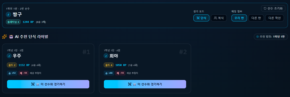 AI 매치 추천 — 라이벌 추천과 예상 RP 변동