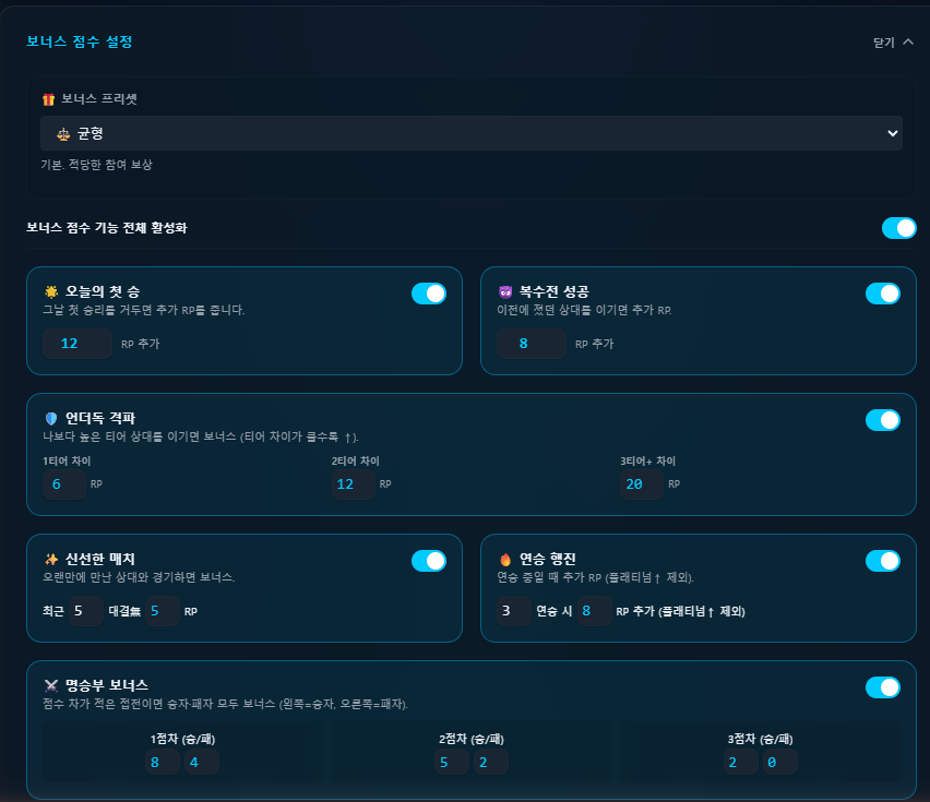 보너스 점수 설정 화면